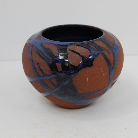 Vintage Tenmoku Redware Blue Glaze Drip Pottery Vase Signed Jon Mehr Vase - Picture 3 of 5